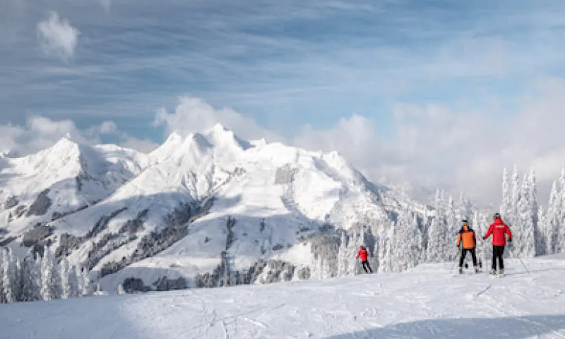 Winterlandschaft in Saalbach-Hinterglemm mit Bäumen und Skifahrern