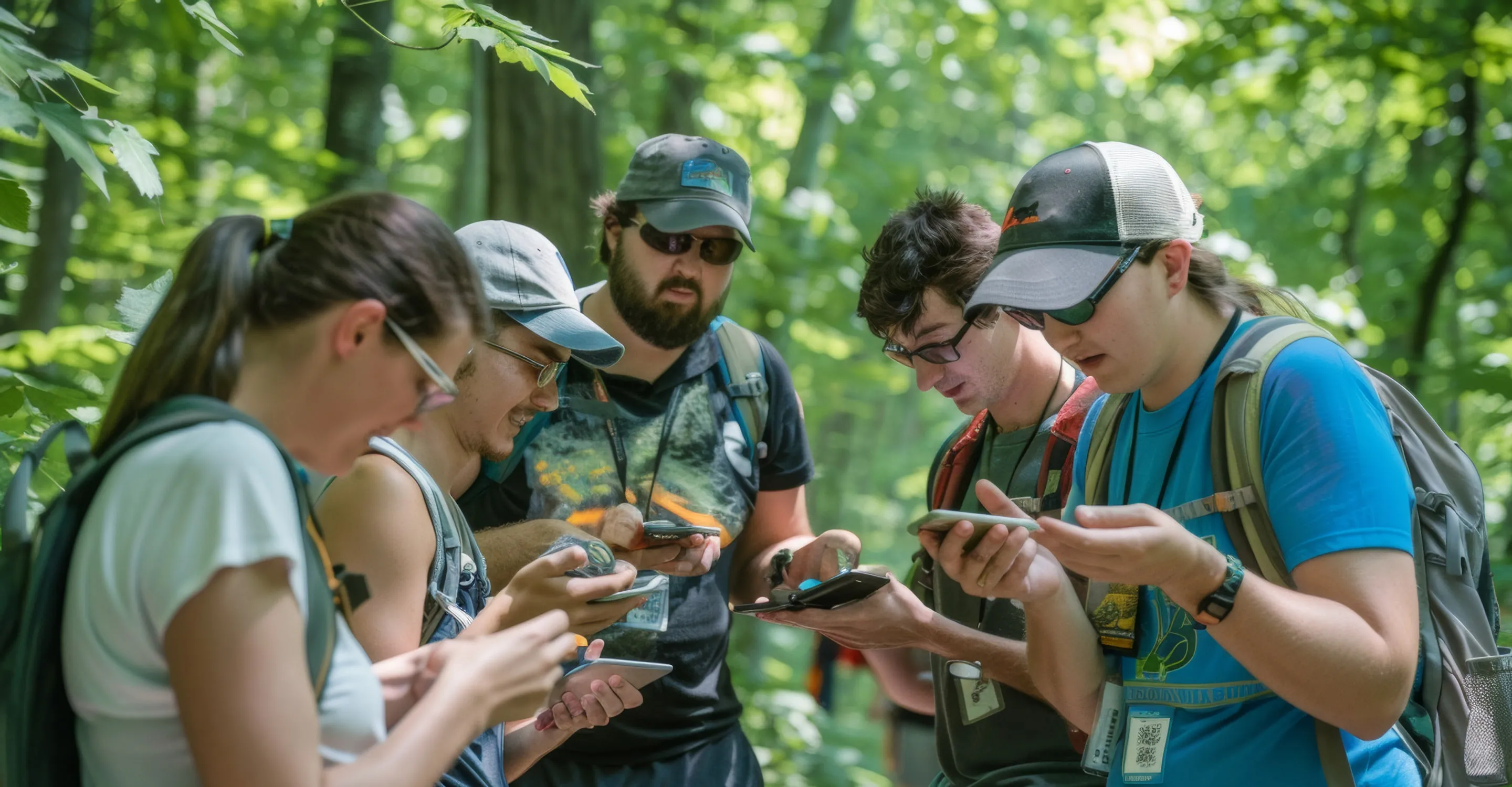 Gruppe von Menschen im Wald, die ihre Smartphones benutzen.