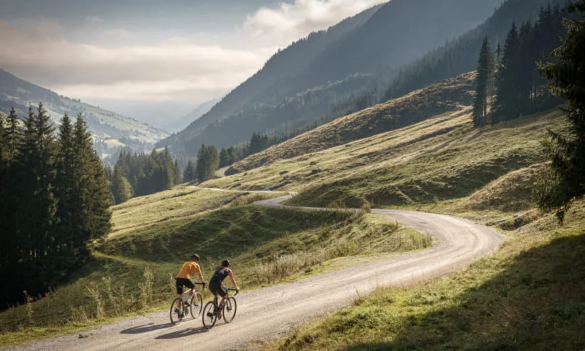 Zwei Radfahrer auf einem Schotterweg in Saalbach-Hinterglemm